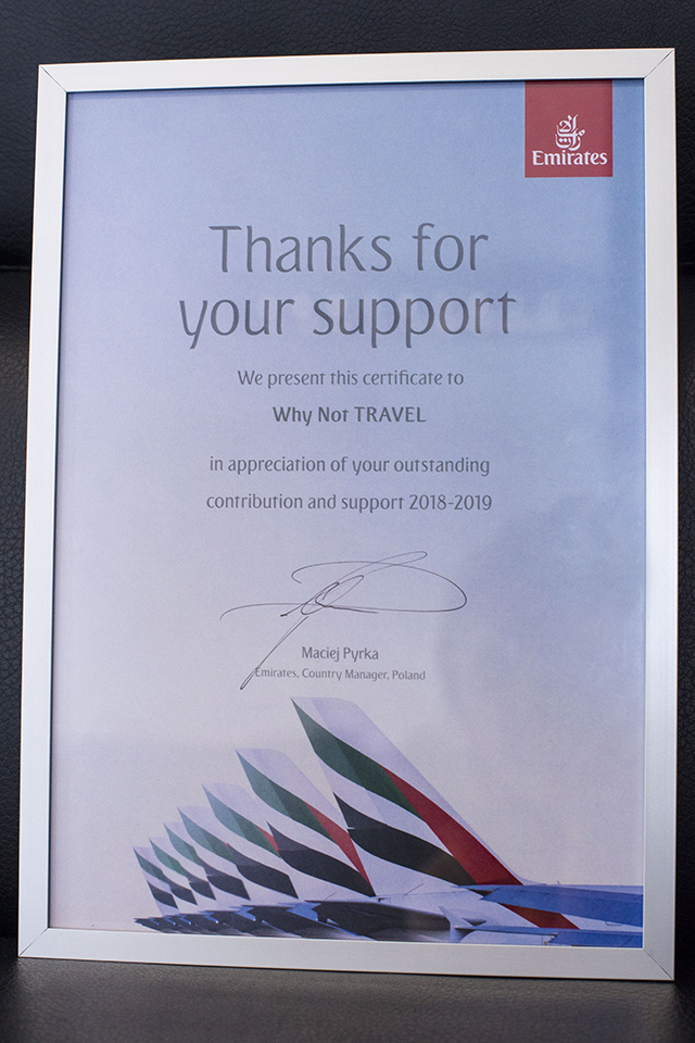 Wyróżnienie za osiągnięte wyniki oraz wsparcie sprzedażowe Emirates 2018-2019